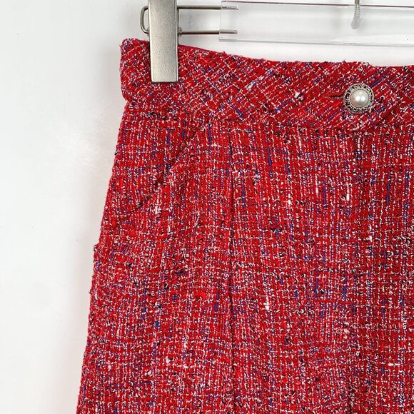 Chanel Red Tweed A-Line Skirt With Pearl Button Closure Size 36 Made In France C - Picture 3 of 7